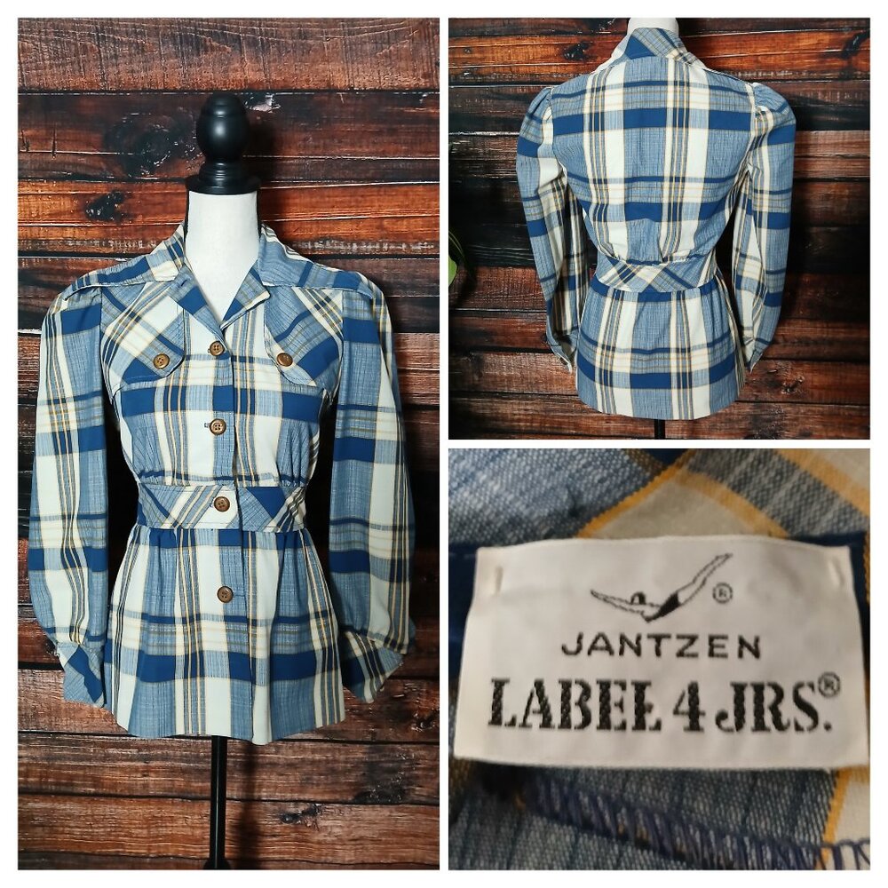 Jantzen Blazer Jacket Vintage 70s Blue Plaid Button Up Peplum Puff Sleeve